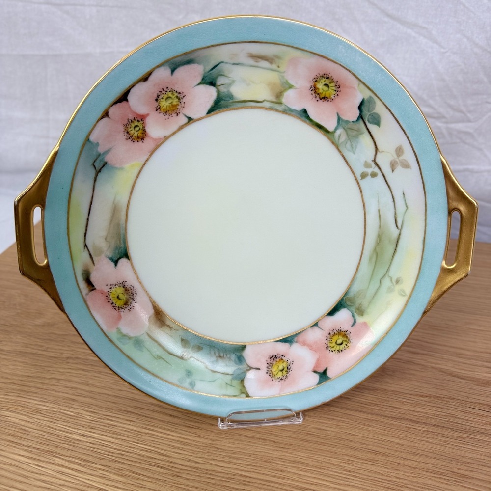 Vintage Thomas Bavaria 1920s Hand Painted Pink‎ Flowers Plate handles